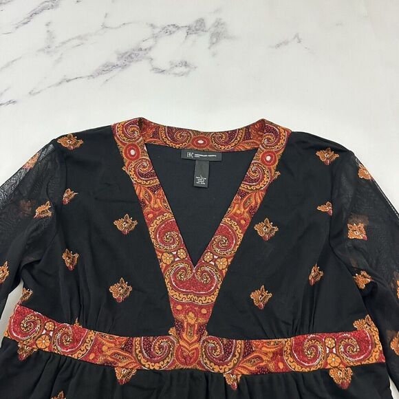 INC Womens Vintage Y2k Babydoll Top Size L Black Orange Paisley Mesh Sheer Trim - Picture 2 of 11